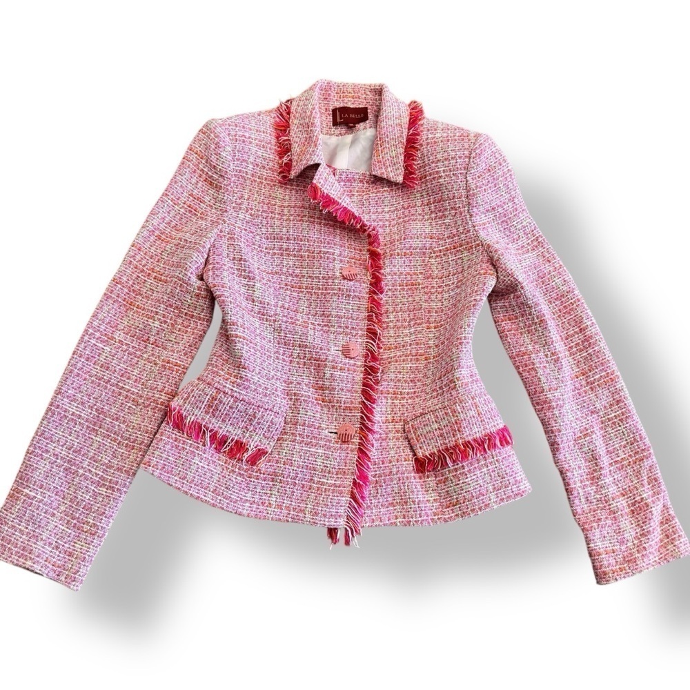 Pink Tweed Blazer Jacket European Brand women’s size XS Chanel inspired buttons